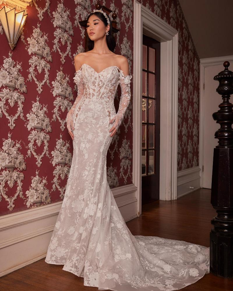 La23235 modern sexy wedding dress with gloves and off the shoulder straps1